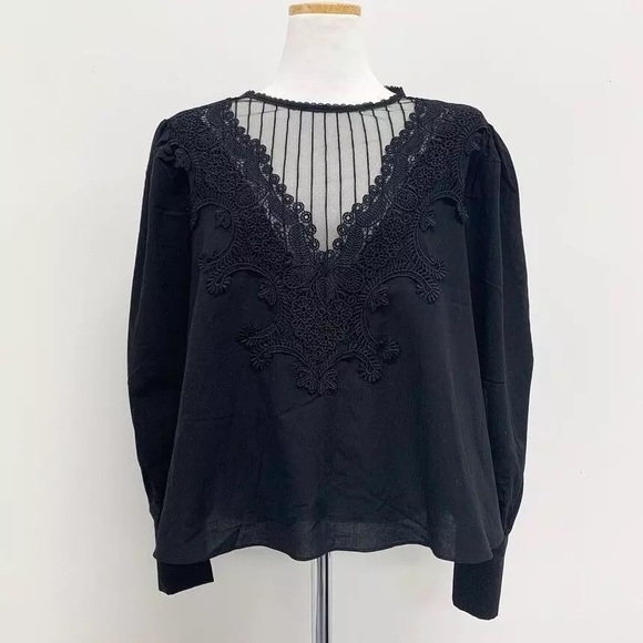 Black lace blouse mesh puff sleeve long sleeve shirt womens - Picture 3 of 5